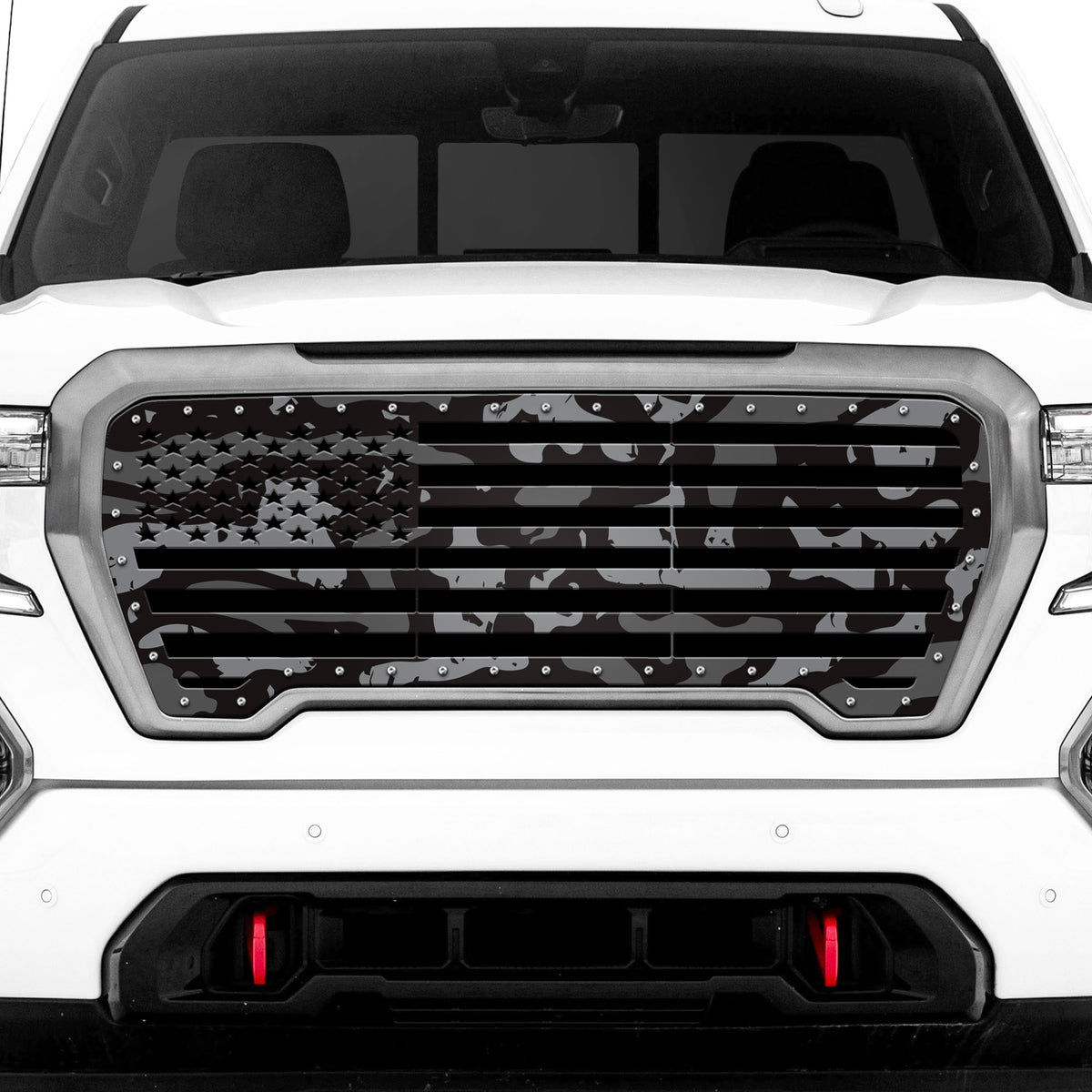 GMC Sierra Grille ('19-'21) Black Steel with PRINTED Subdued Camo on AMERICAN FLAG