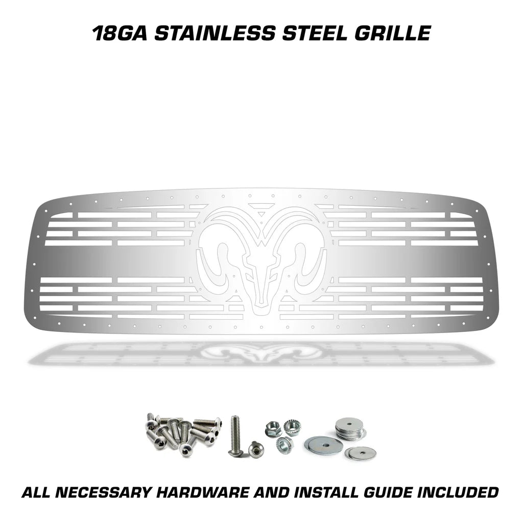 Dodge Ram Polished Stainless Steel Grille ('02-'05) RAM HEAD v2 - RacerX Customs | Auto Graphics, Truck Grilles and Accessories