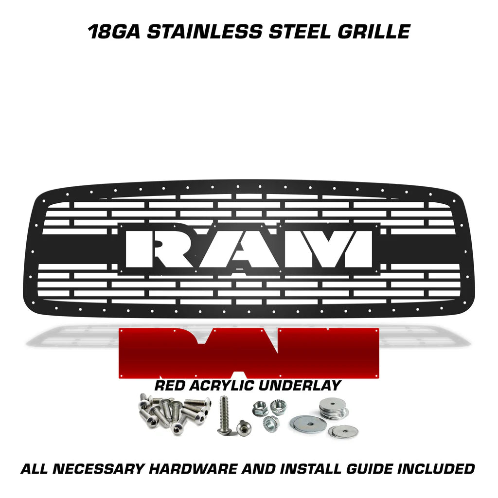 Dodge Ram Steel Grille ('02-'05) Red RAM Logo - RacerX Customs | Auto Graphics, Truck Grilles and Accessories