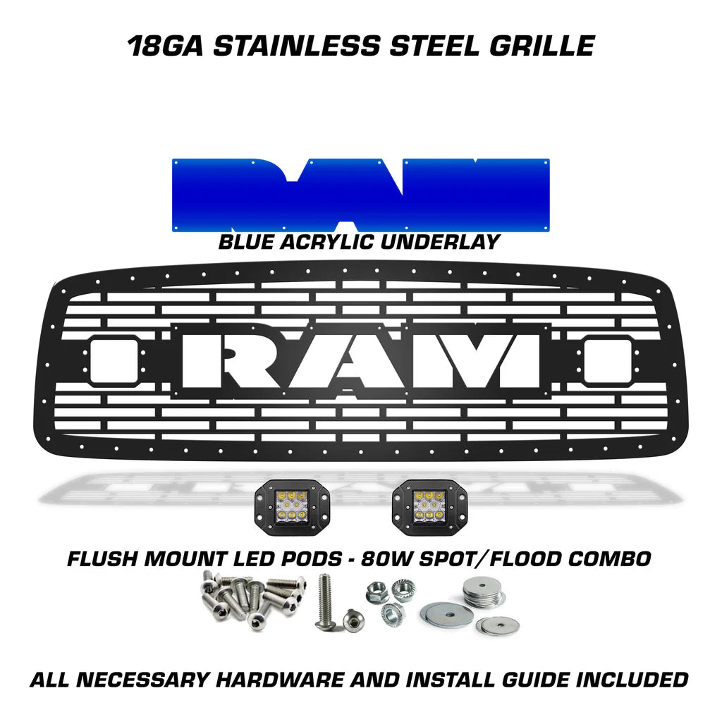 Steel Grille Insert for a Dodge Ram ('02-'05) Blue RAM Logo with LED Light Pods - RacerX Customs | Auto Graphics, Truck Grilles and Accessories