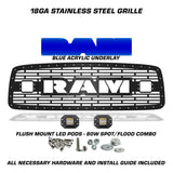 Dodge Ram Steel Grille ('02-'05) Blue RAM Logo with LED Light Pods