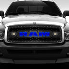 Steel Grille Insert for a Dodge Ram ('02-'05) Blue RAM Logo with LED Light Pods - RacerX Customs | Auto Graphics, Truck Grilles and Accessories
