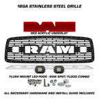 Steel Grille Insert for a Dodge Ram ('02-'05) Red RAM Logo with LED Light Pods