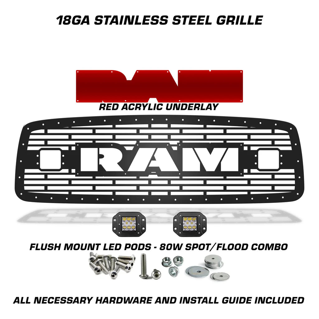 Steel Grille Insert for a Dodge Ram ('02-'05) Red RAM Logo with LED Light Pods