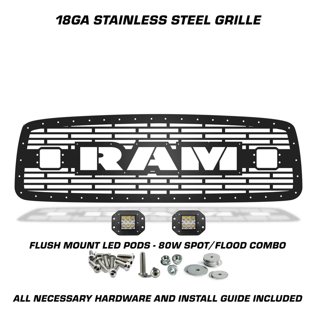 Steel Grille Insert for a Dodge Ram ('02-'05) RAM Logo with LED Light Pods