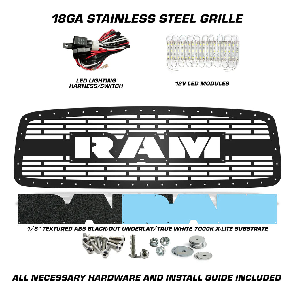 Dodge Ram LED X-Lite Grille ('02-'05) RAM Logo - RacerX Customs | Auto Graphics, Truck Grilles and Accessories