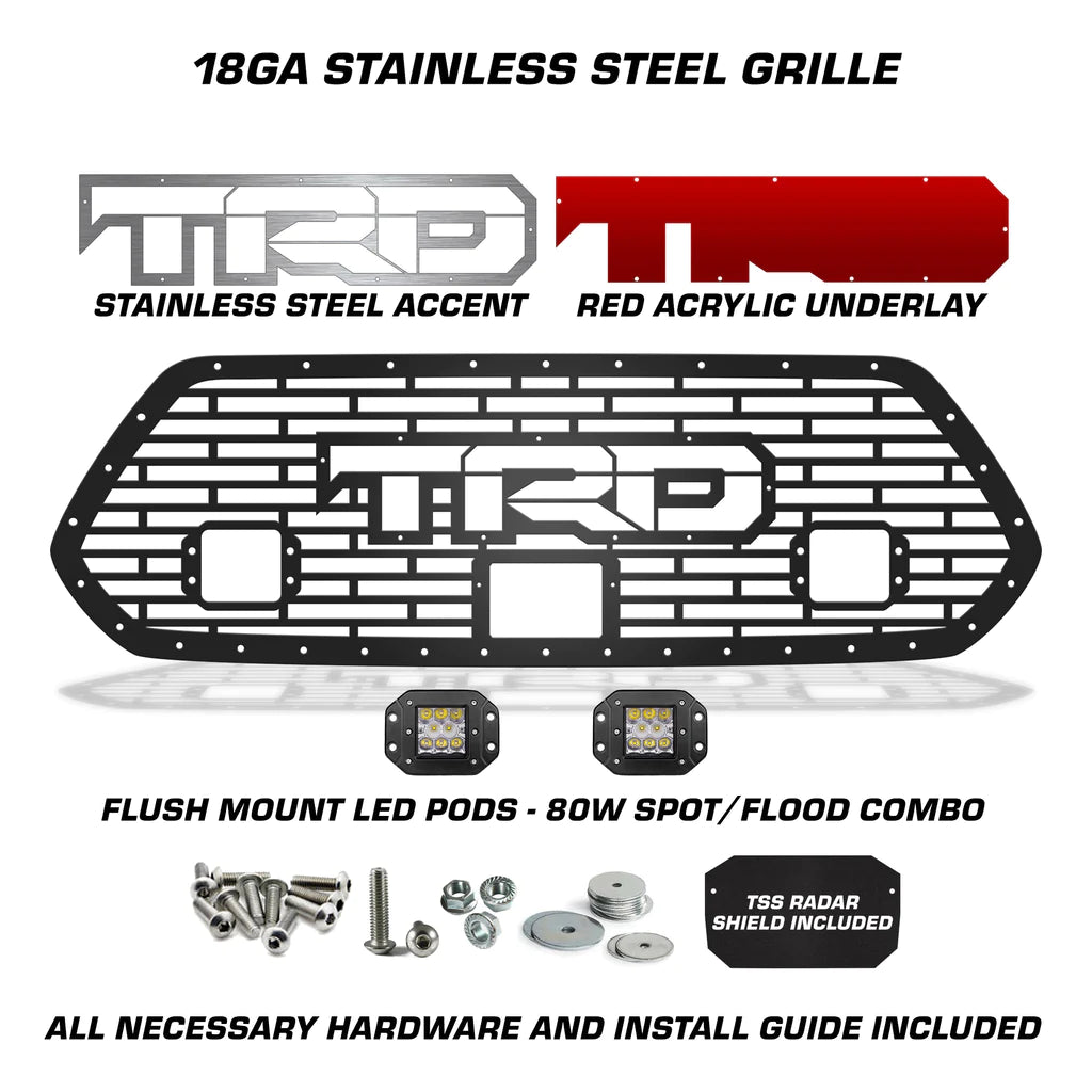 Toyota Tacoma Grille TRD w/RED ACRYLIC UNDERLAY+SS Accent+LED Light Pods(18-23)