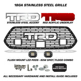 Toyota Tacoma Grille TRD w/RED ACRYLIC UNDERLAY+SS Accent+LED Light Pods(18-22)