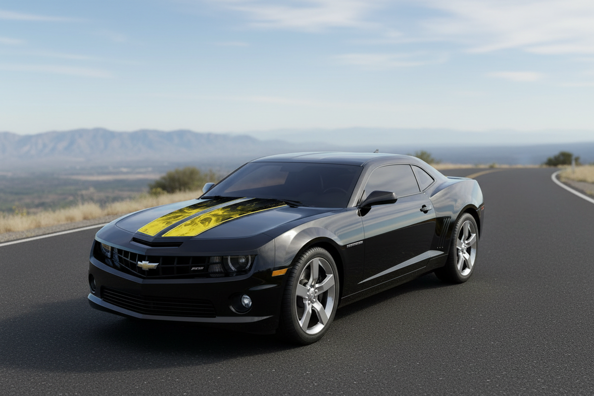 Black Camaro on a bright scenic road