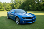Blue Chevy Camaro 2010-2015 White Racing Stripes Hood Vinyl Wrap Front View