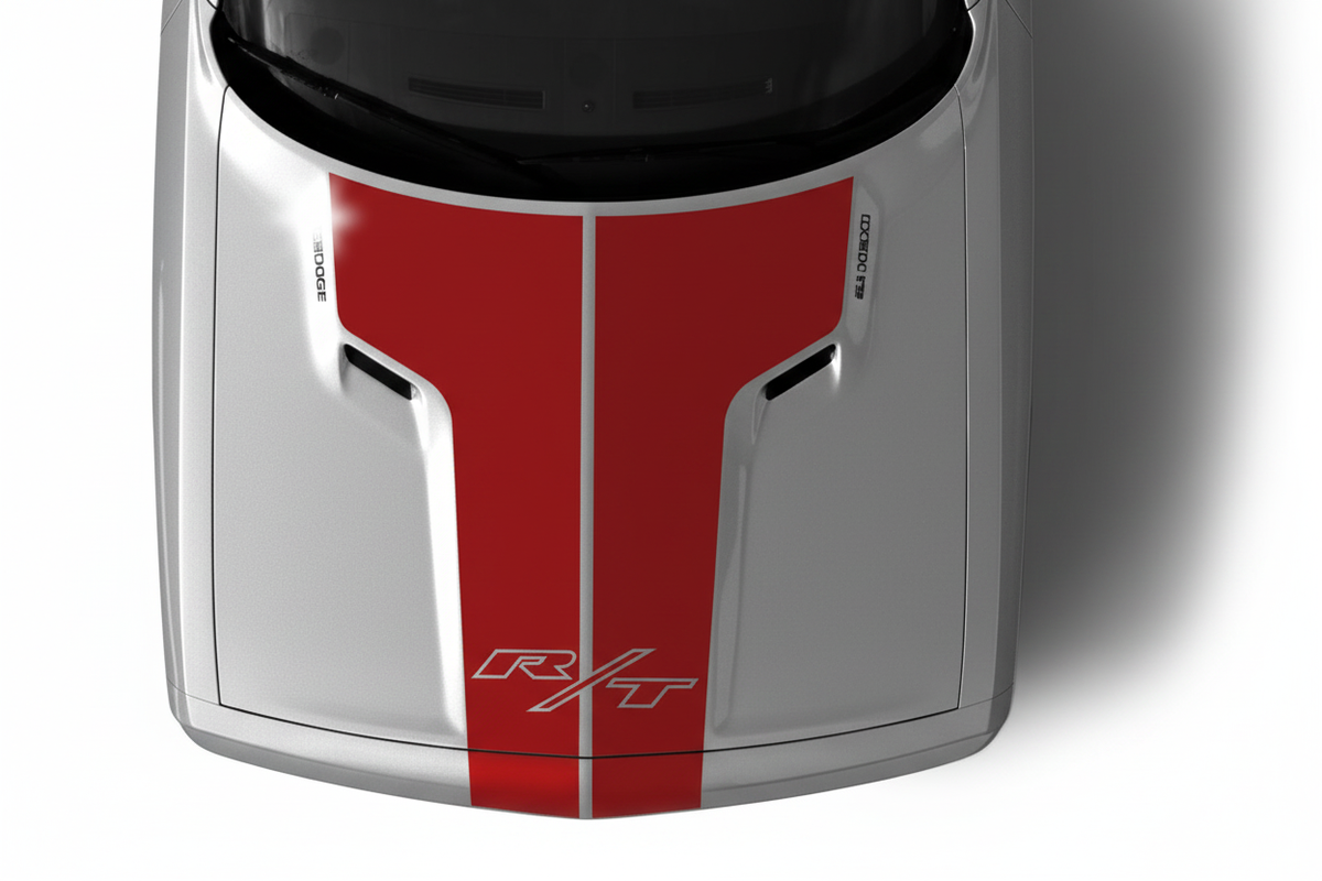 Dodge Challenger RT Hood - Silver Hood, Silver Center Stripe & R/T