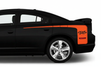 Black 2011–2014 Dodge Charger with orange RT rear-side stripe decals