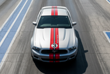 Red Stripes racing graphics on a Ford Mustang  - Hood Close Up