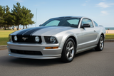 Hood and Roof Stripes shown on a silver Ford Mustang - Front Angled view 