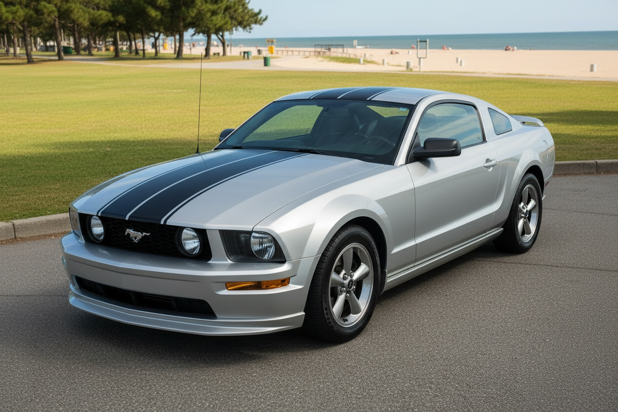 Hood and Roof Stripes shown on a silver Ford Mustang - Elevated Angle 