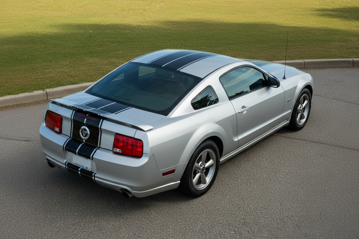 Ford Mustang with an Elevated Rear View Showing Trunk and Roof Stripes