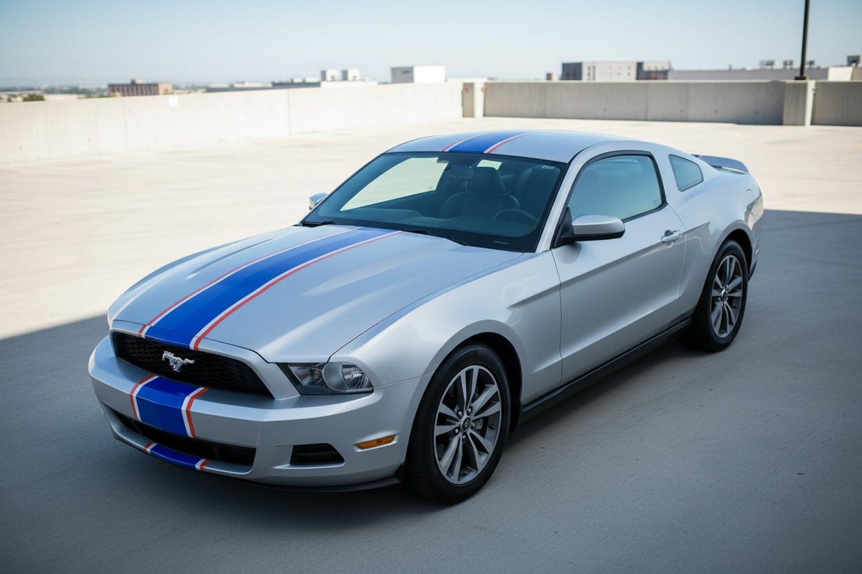 Red White Blue Stripes on a Ford Mustang - front view
