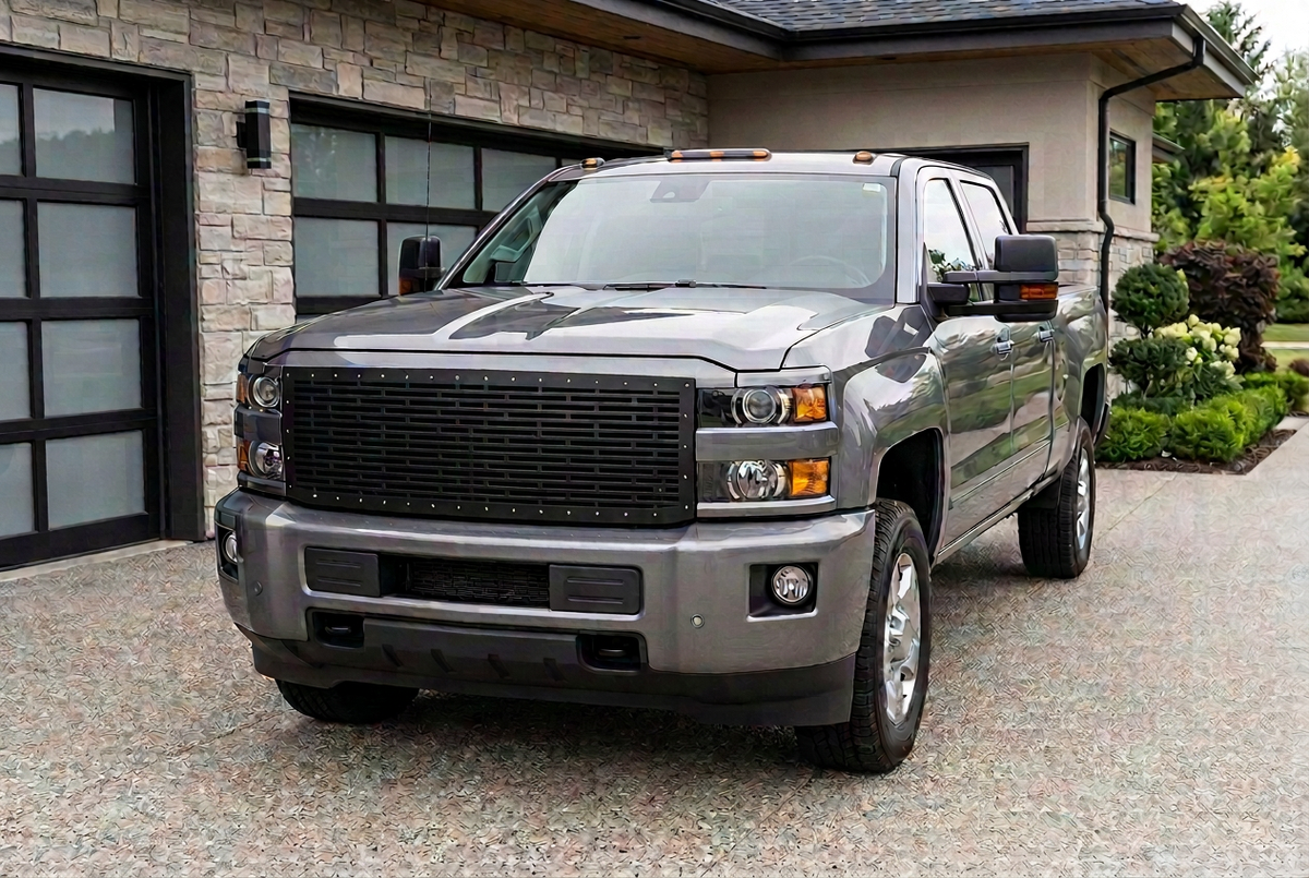 Silver Chevy Silverado with a satin black brick-pattern grille parked outside a modern stone garage.