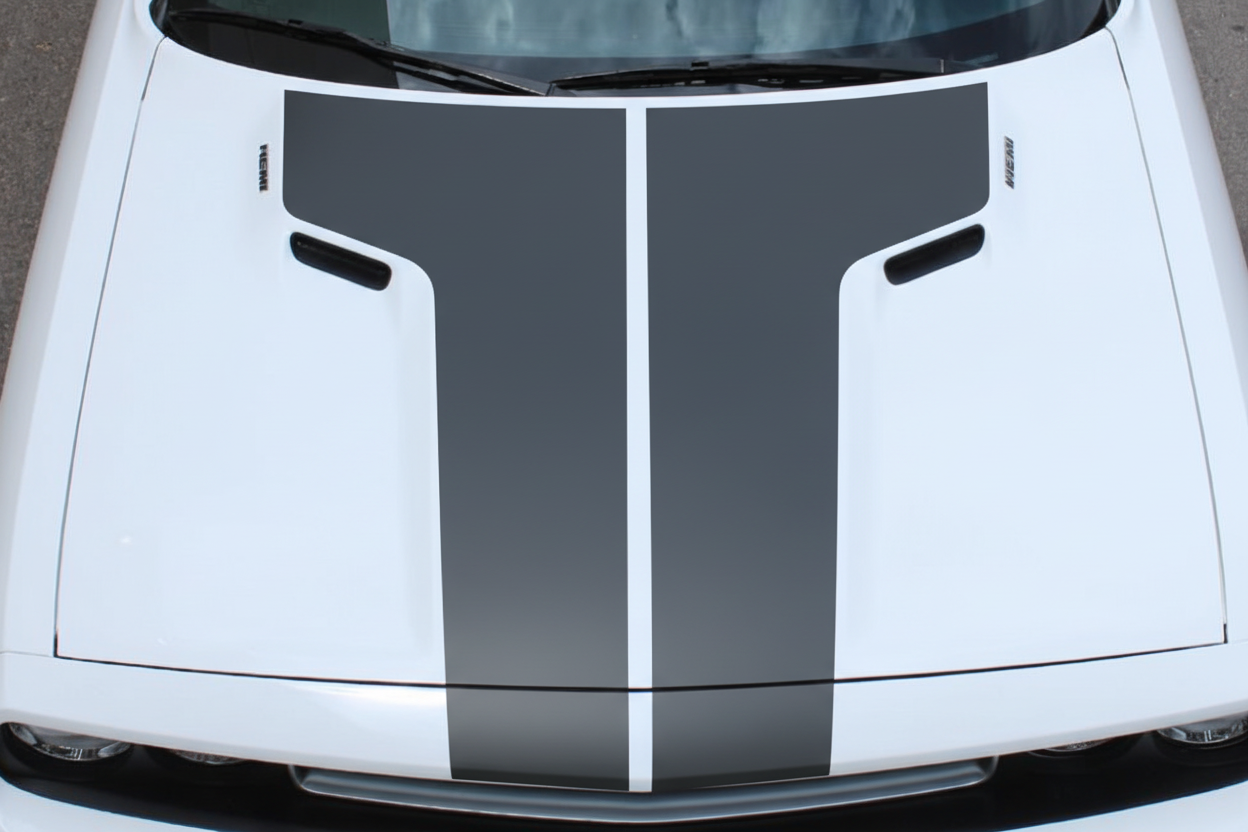 Nimbus Gray Rally Hood Stripes on a Dodge Challenger Hood
