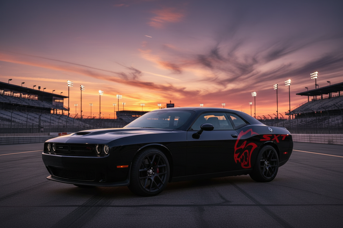 Matte black Dodge Challenger with red Hellcat skull quarter panel graphic and bold red SXT lettering, full side profile on a dramatic race track at dusk with orange and purple sky