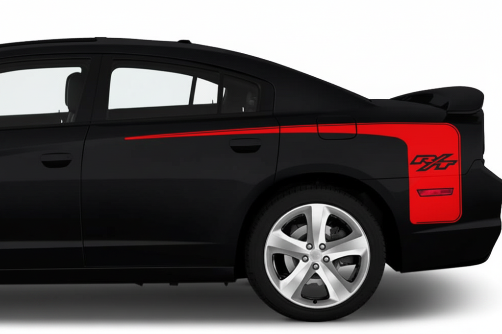Black 2011–2014 Dodge Charger with red RT rear-side stripe decals