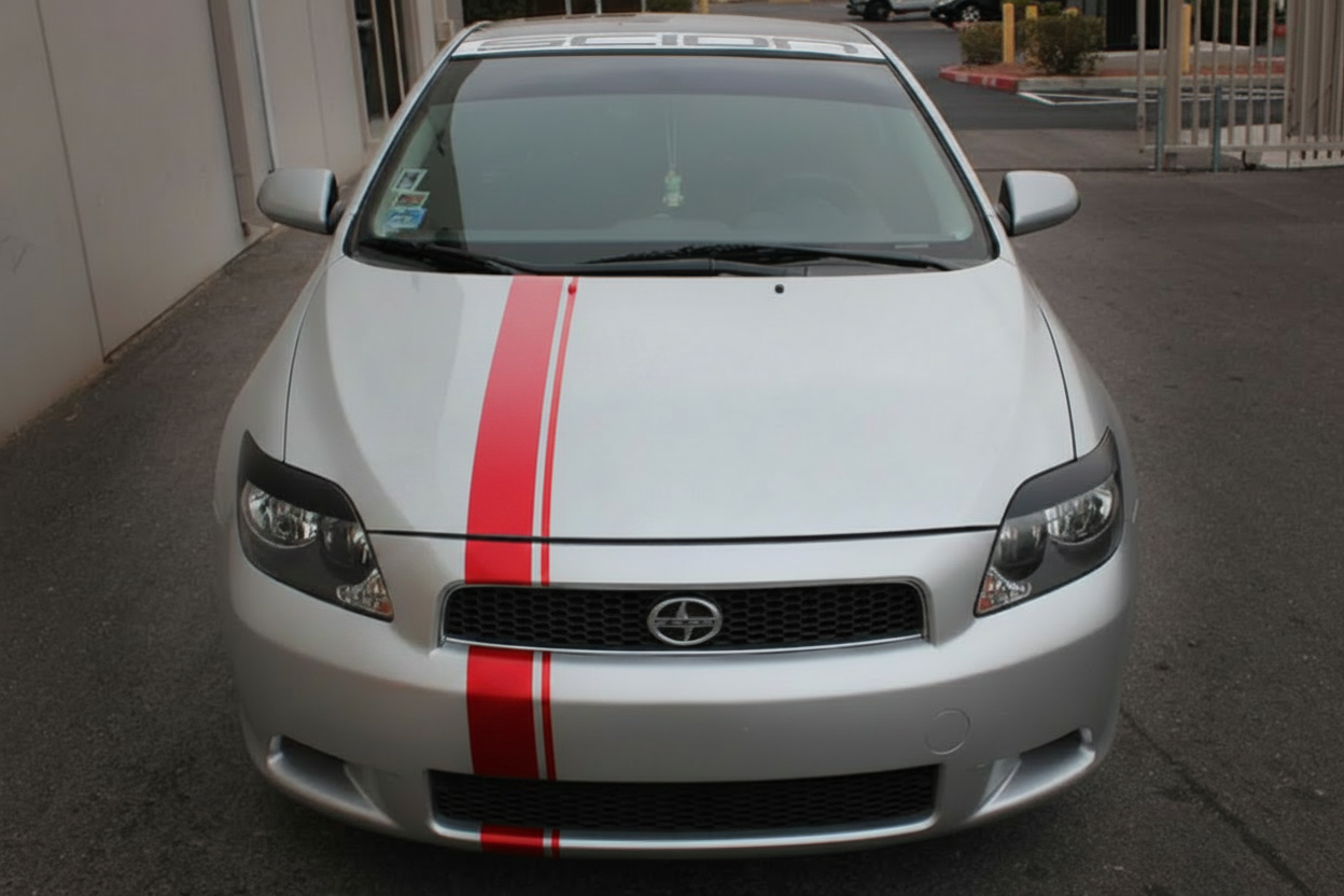 Scion tC with true red center hood stripe decal