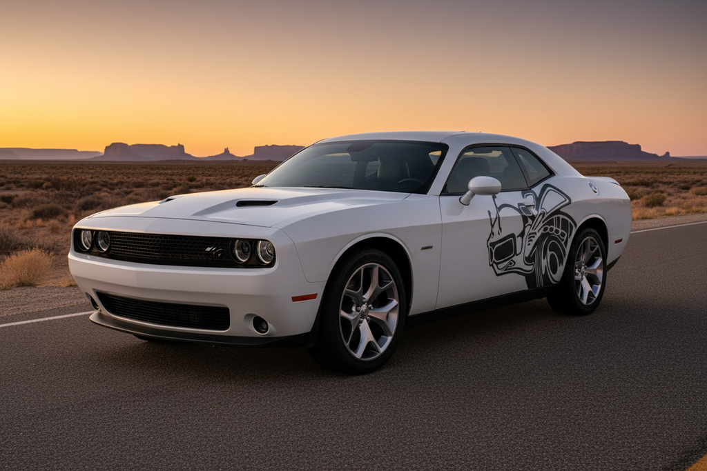 White Dodge Challenger with Super Bee vinyl wrap graphic on door and quarter panel, parked on a desert highway at magic hour sunset - RacerX Customs
