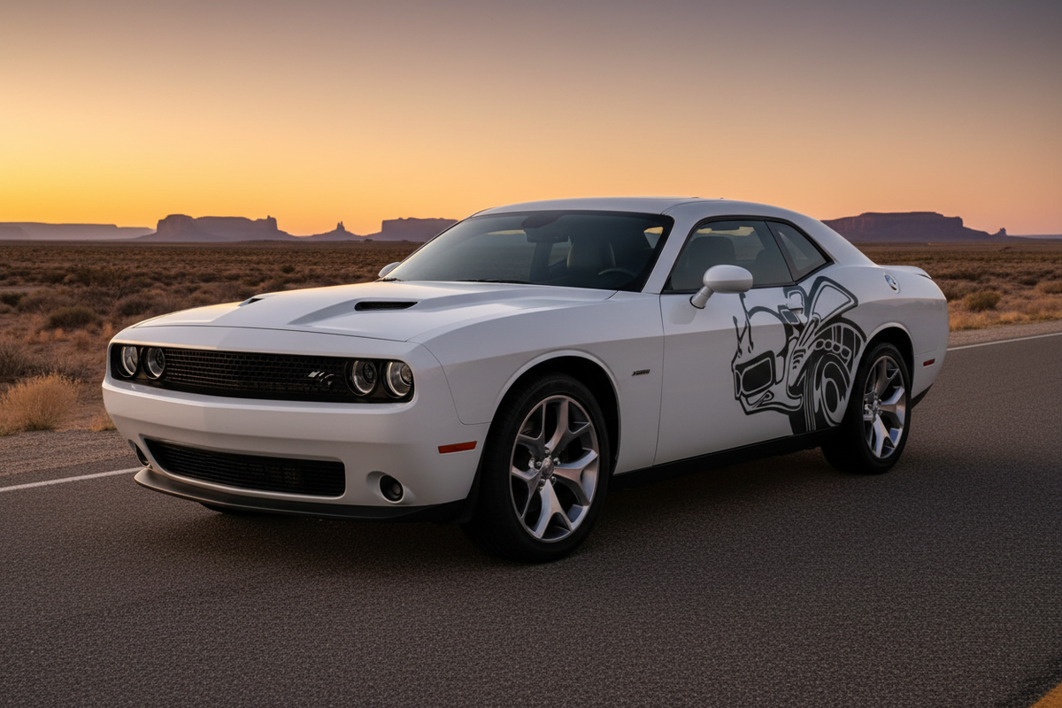 White Dodge Challenger with Super Bee vinyl wrap graphic on door and quarter panel, parked on a desert highway at magic hour sunset - RacerX Customs