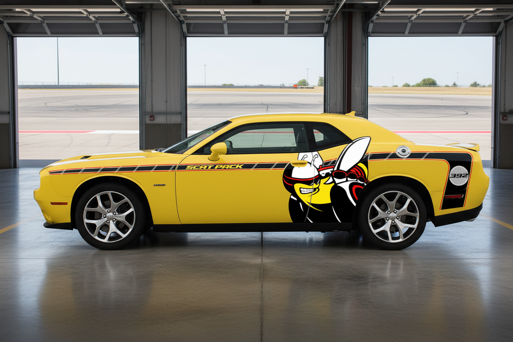 Yellow Dodge Challenger with Rumble Bee side stripe graphics in a performance garage