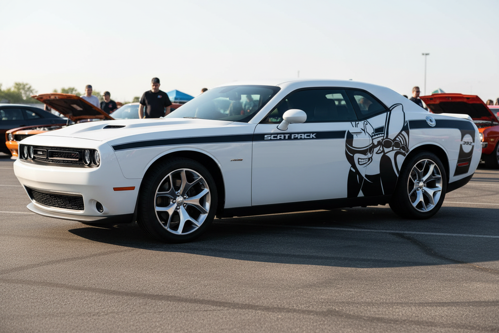 White Dodge Challenger with Scat-Pack side stripe kit at a bright muscle-car showcase