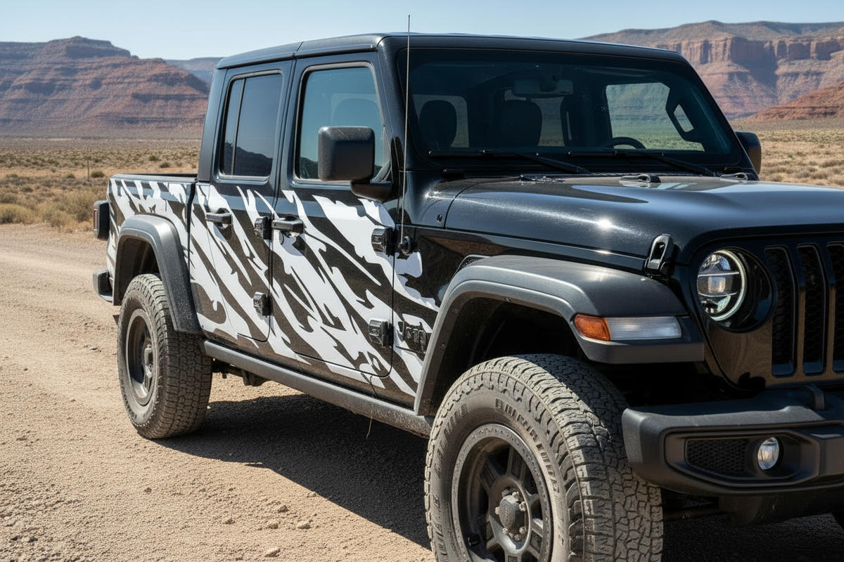 Jeep Gladiator 4-Door WAVY white vinyl decals - sunny desert canyon lifestyle shot