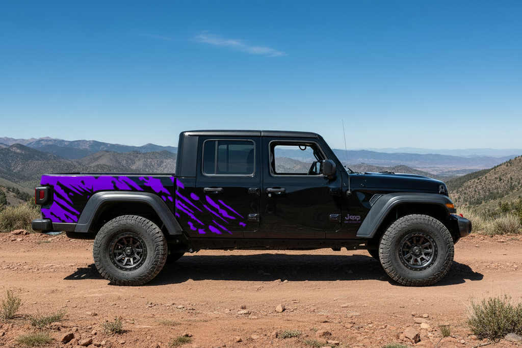 Jeep Gladiator 4-Door purple splash vinyl decals on rear bed panels - mountain trail lifestyle photo
