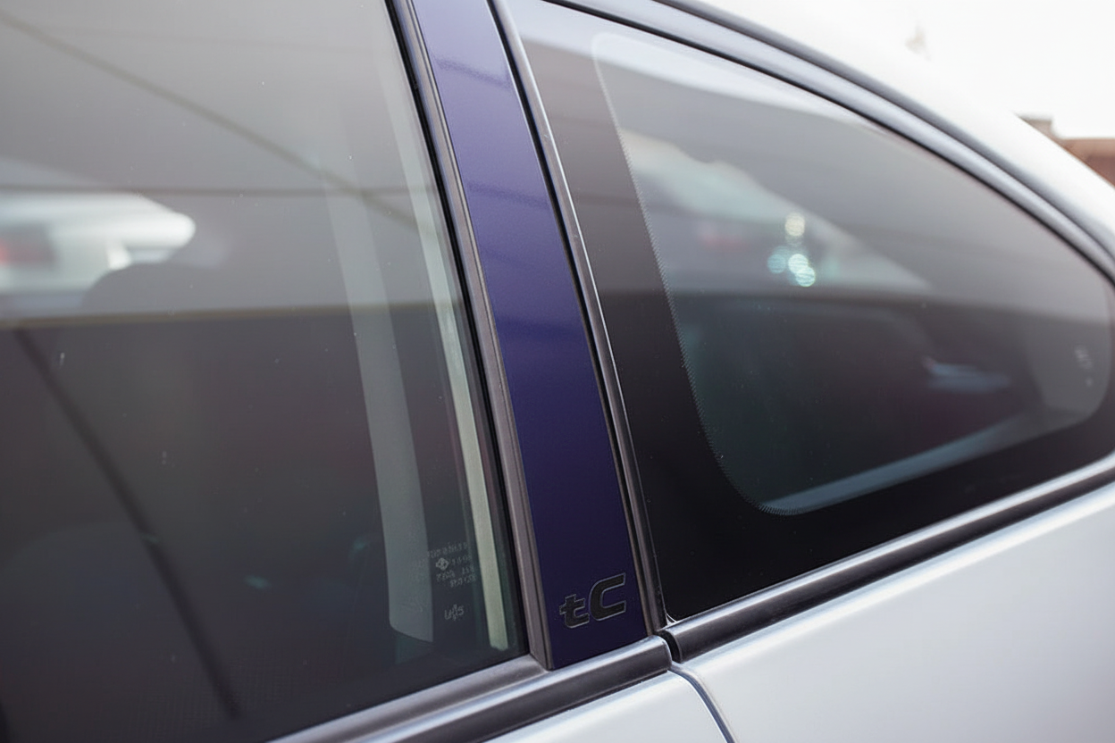 Scion tC Vinyl Window Pillar Accents - Purple with tC Cutout Close-Up