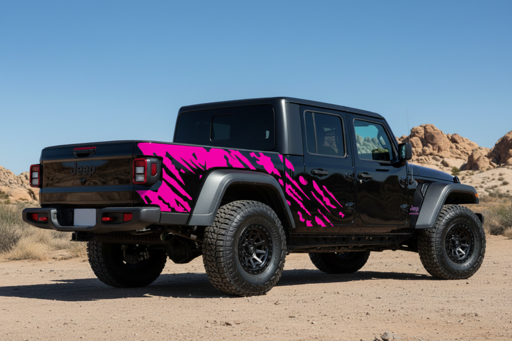 Jeep Gladiator 4-Door pink splash vinyl decals on rear bed panels - clean black hood desert lifestyle photo