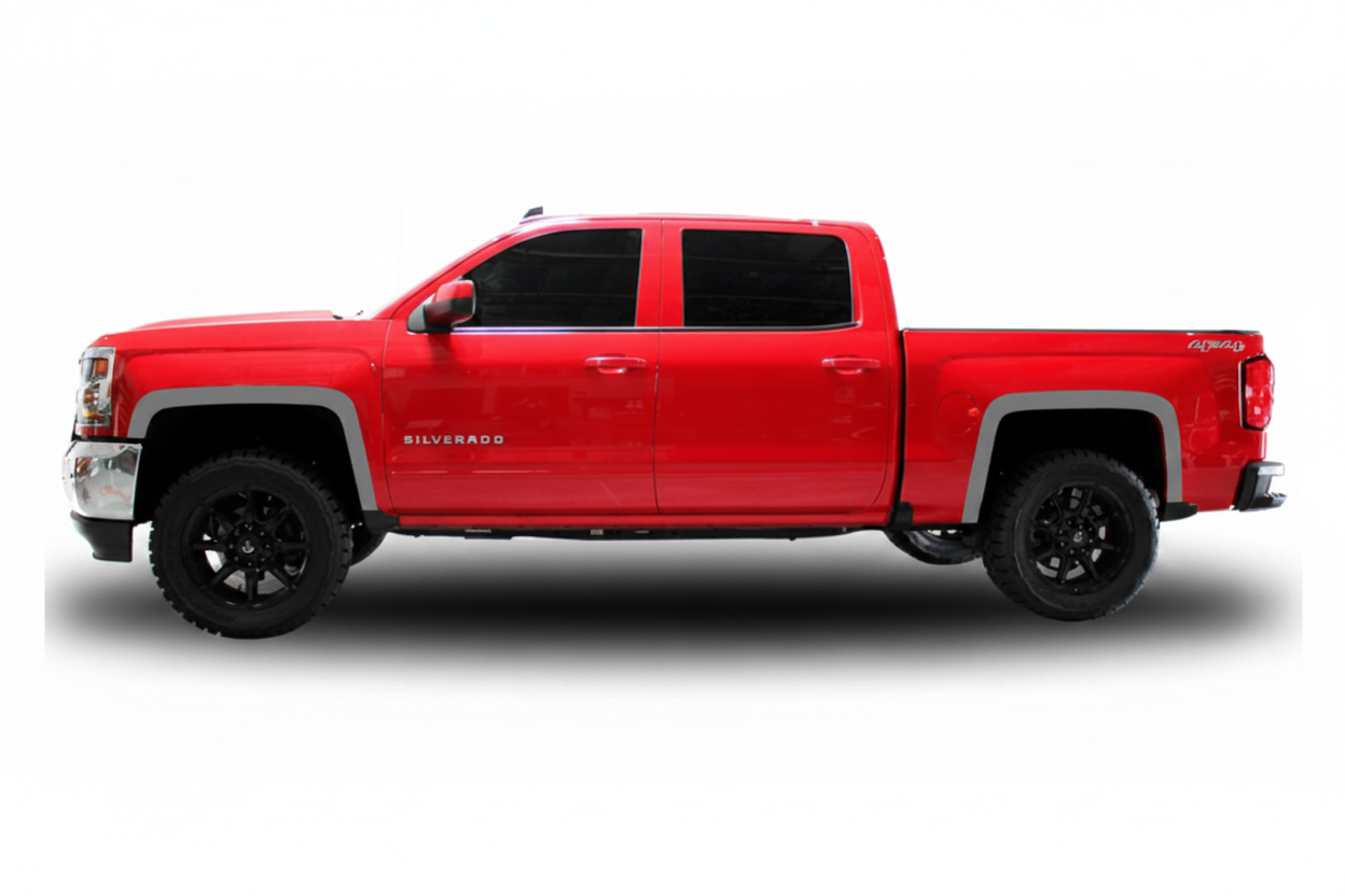 Red Chevy Silverado with Nimbus Gray fender flair trim