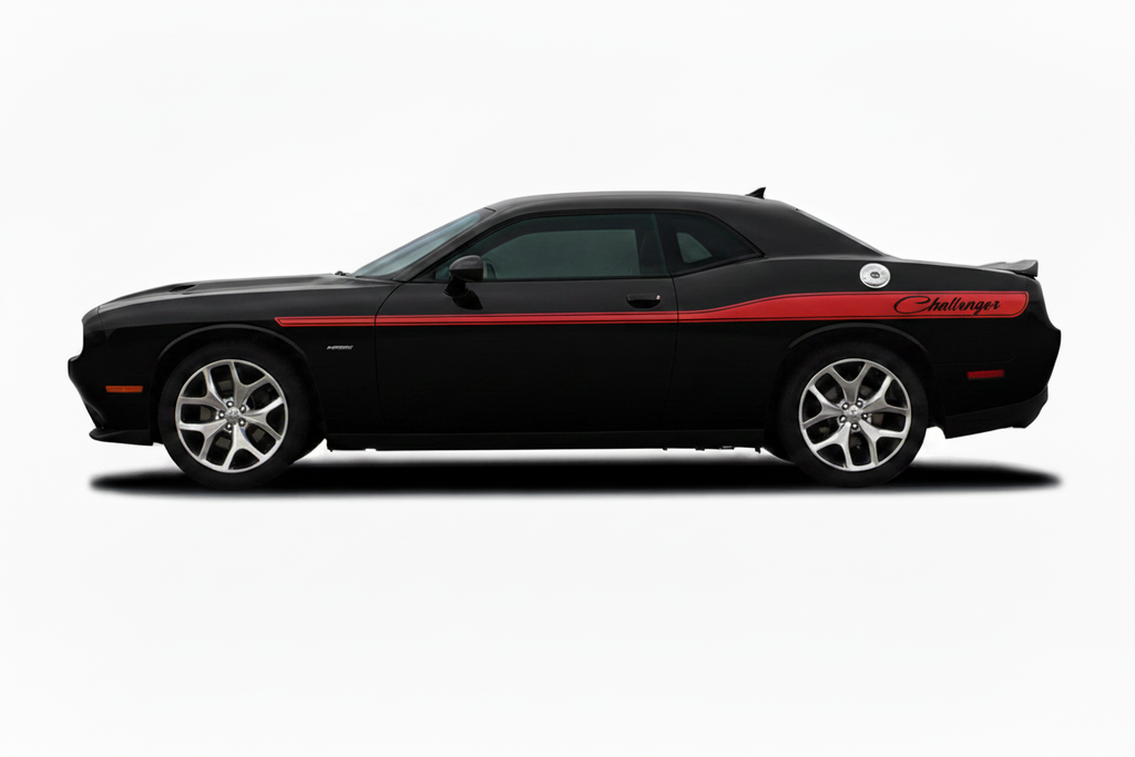 Dodge Challenger Vinyl Stripes Kit - Black with Fire Engine Red Stripe - RacerX Customs