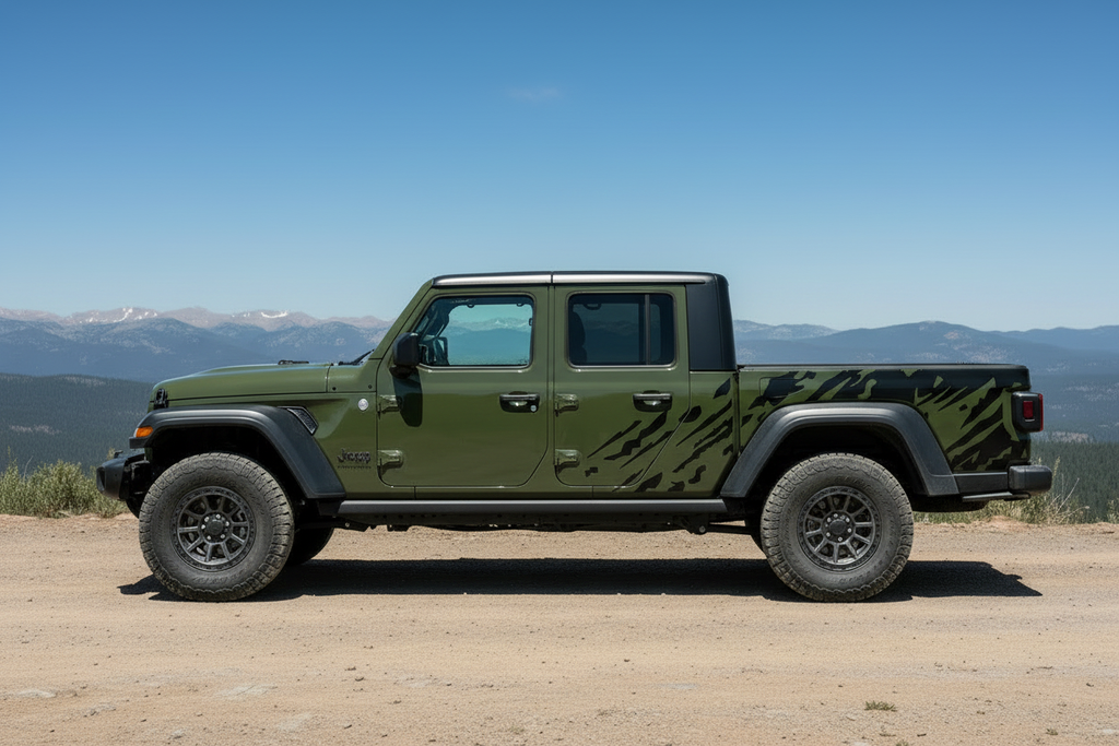 Jeep Gladiator 4-Door black splash vinyl decals on Sarge Green Jeep - mountain trail lifestyle photo
