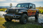 Jeep Gladiator 4-Door WAVY red vinyl decals - sunny riverbank lifestyle shot