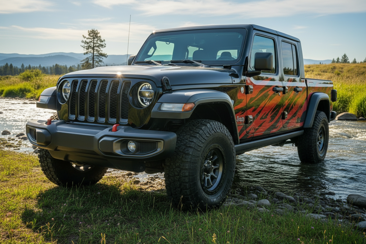 Jeep Gladiator 4-Door WAVY red vinyl decals - sunny riverbank lifestyle shot