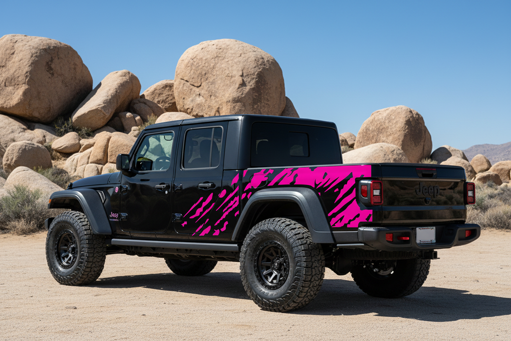 Jeep Gladiator 4-Door pink splash vinyl decals on rear bed side panels - desert lifestyle marketing photo