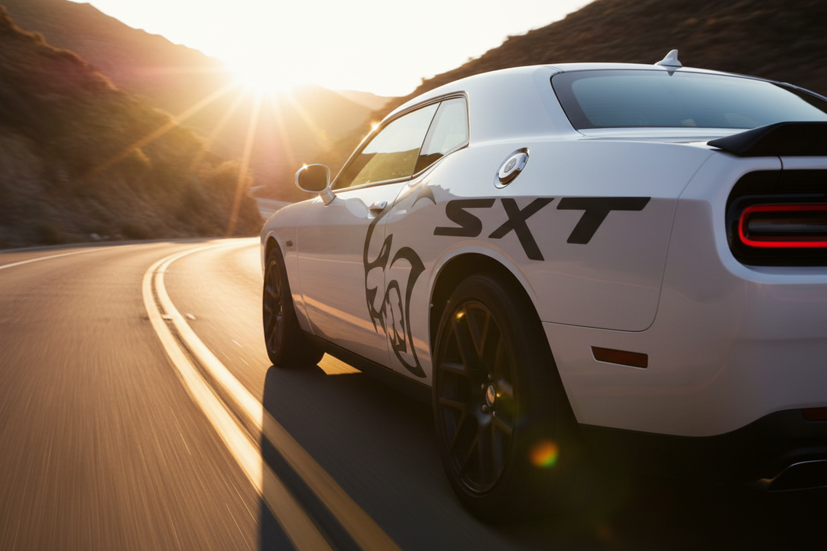 White Dodge Challenger with charcoal gray Hellcat skull quarter panel graphic and bold SXT lettering, cinematic golden hour shot on a winding canyon road