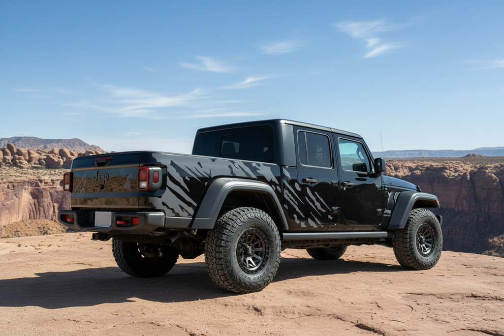 Jeep Gladiator 4-Door gray splash vinyl decals on rear bed panels - canyon overlook lifestyle photo