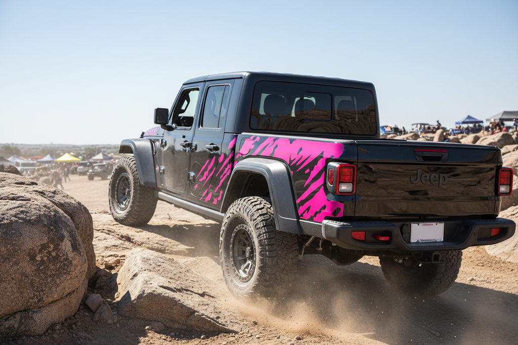 Jeep Gladiator pink splash vinyl decals rear quarter panels - rock crawling event action shot