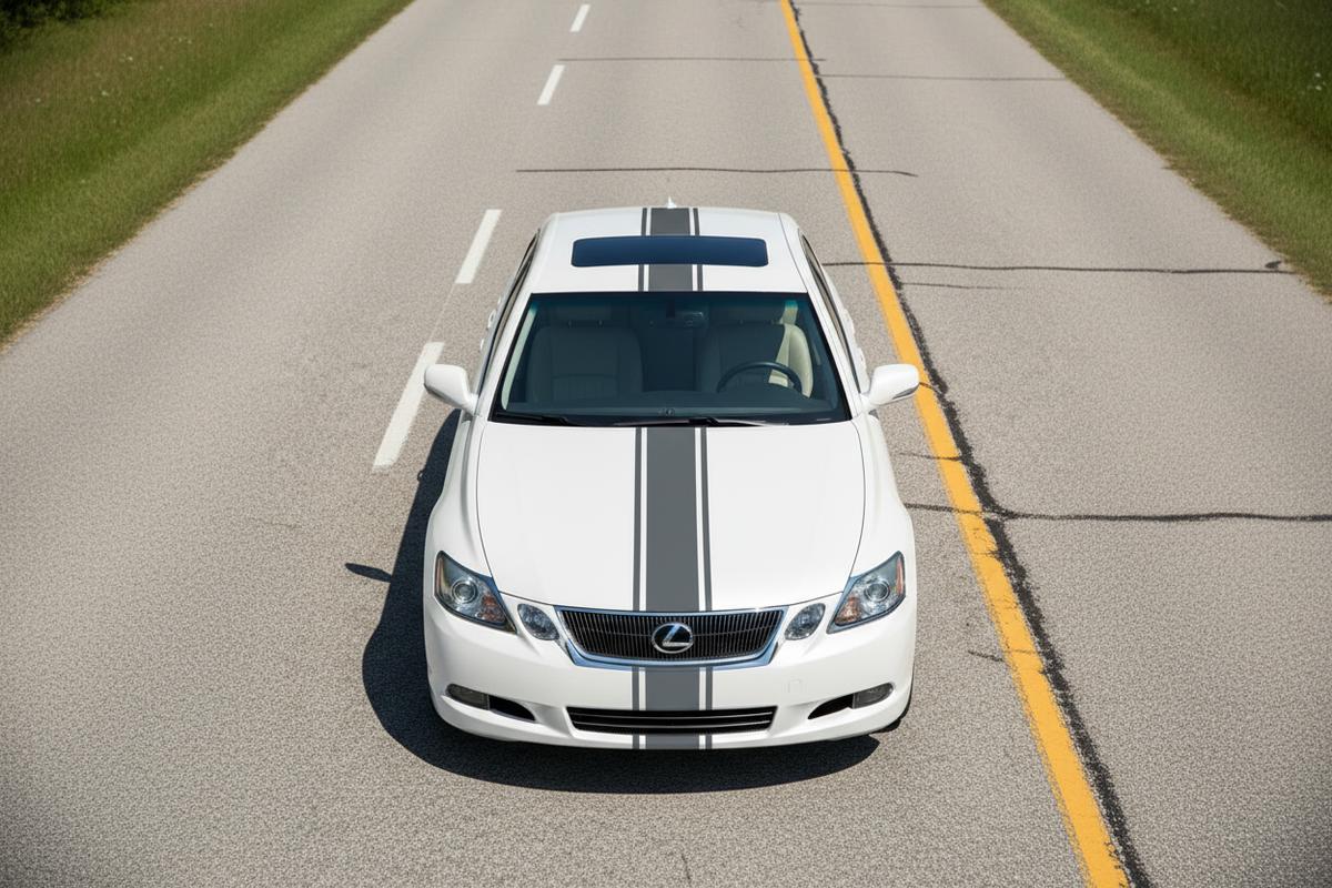 Lexus GS Nimbus Gray Stripes - Top Down View. Can trim roof to make room for sun roof.