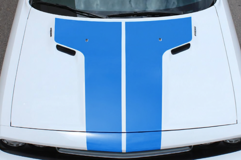 Ocean Blue Rally Hood Stripes on a Dodge Challenger