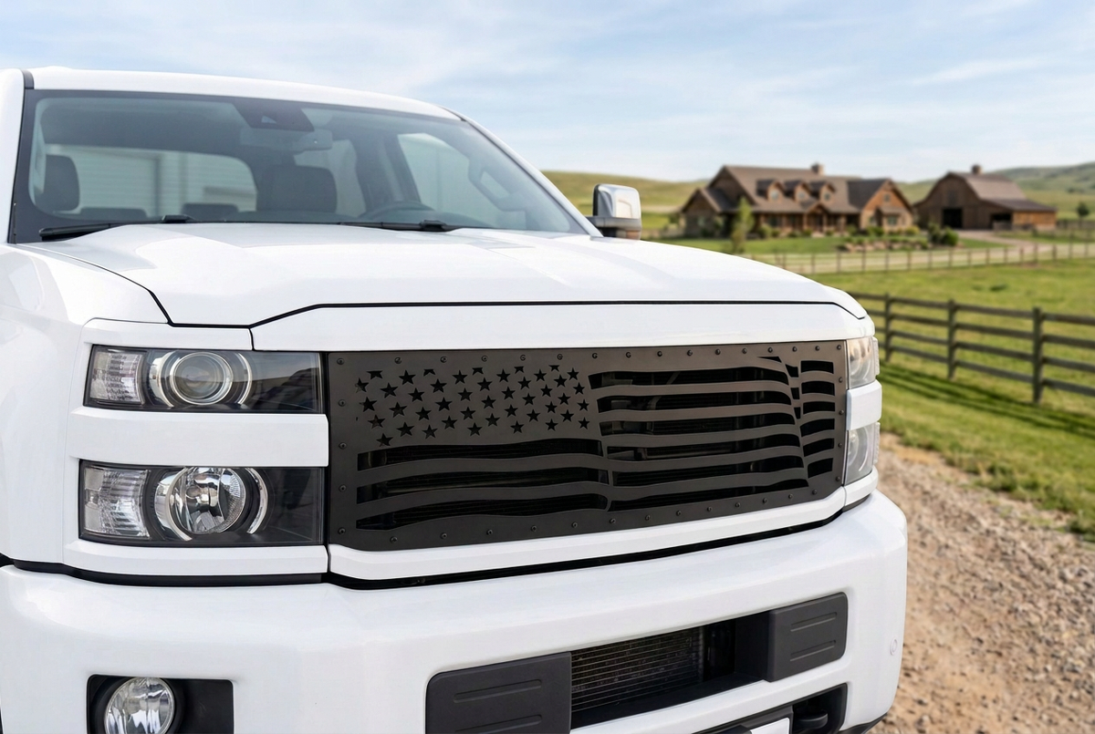  White Chevy Silverado 2500HD with a satin-black Wavy Flag grille parked at a ranch.