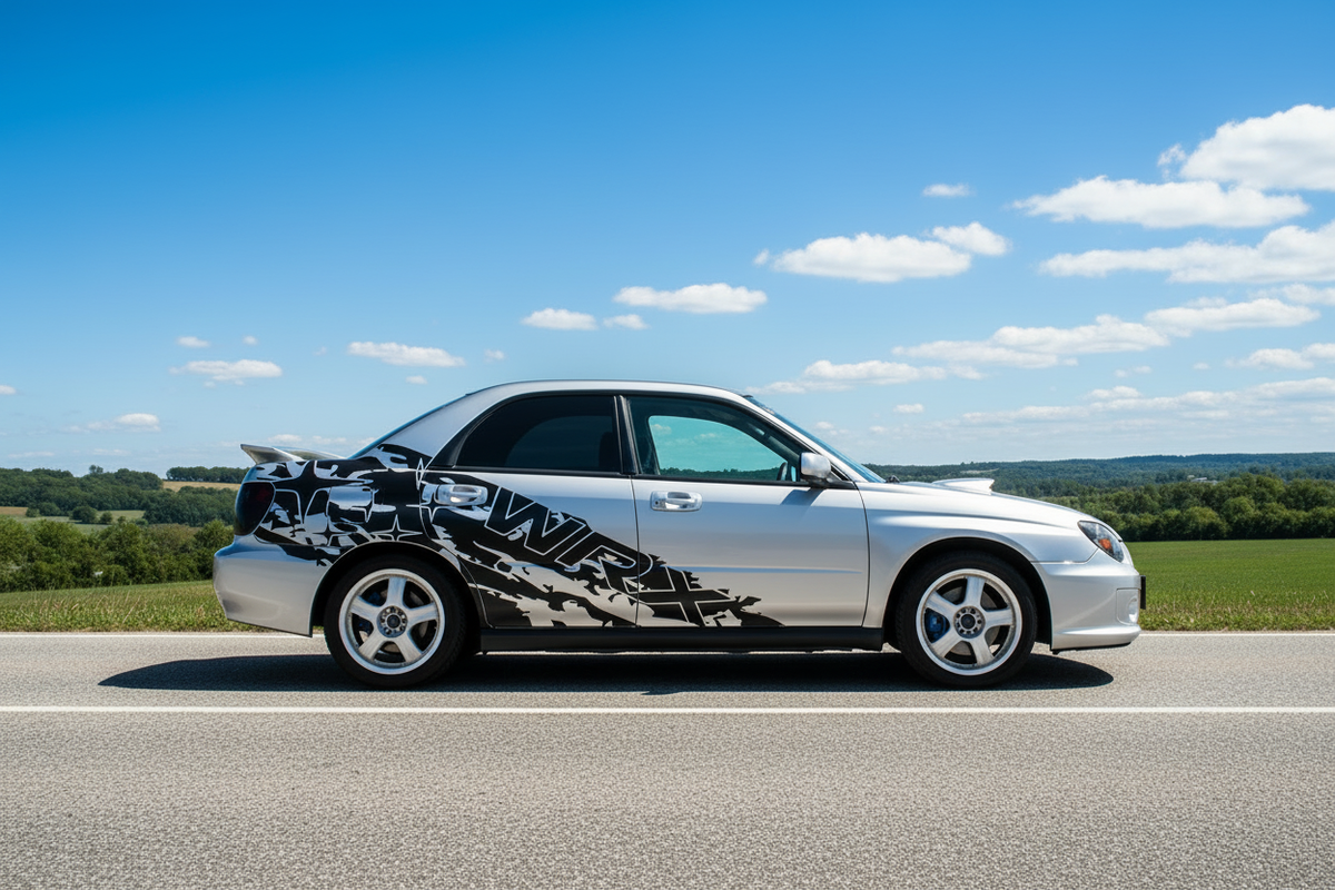 2002-2007 Subaru WRX WRX-Splash vinyl side graphic kit - side profile view on open country road