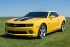 Yellow Chevy Camaro 2010-2015 Matte Black Racing Stripes Hood Vinyl Wrap Front View