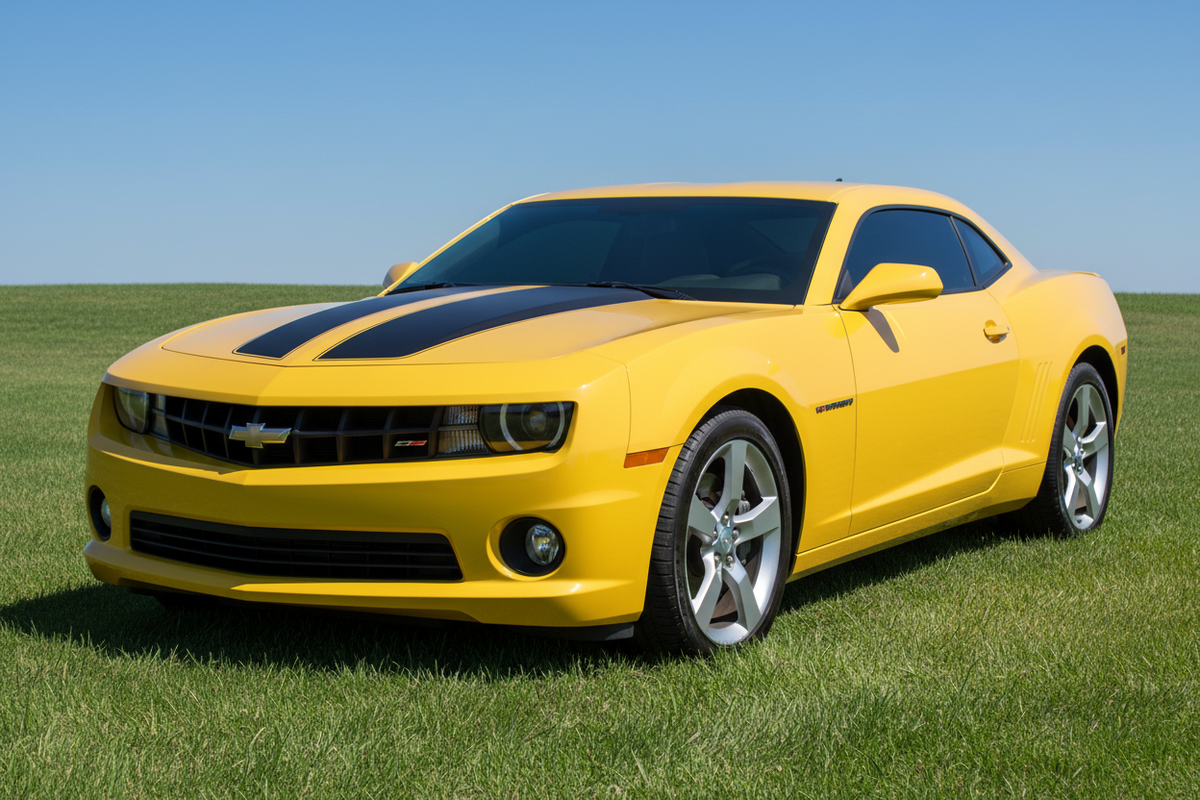 Yellow Chevy Camaro 2010-2015 Matte Black Racing Stripes Hood Vinyl Wrap Front View