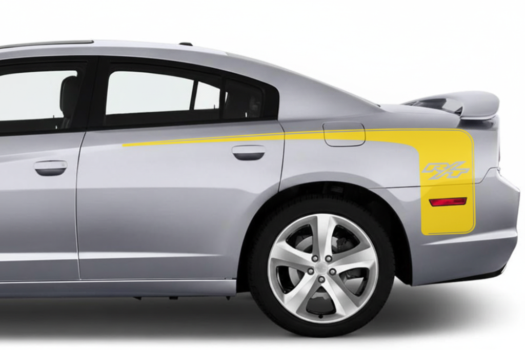 Silver 2011–2014 Dodge Charger with yellow RT rear-side stripe decals